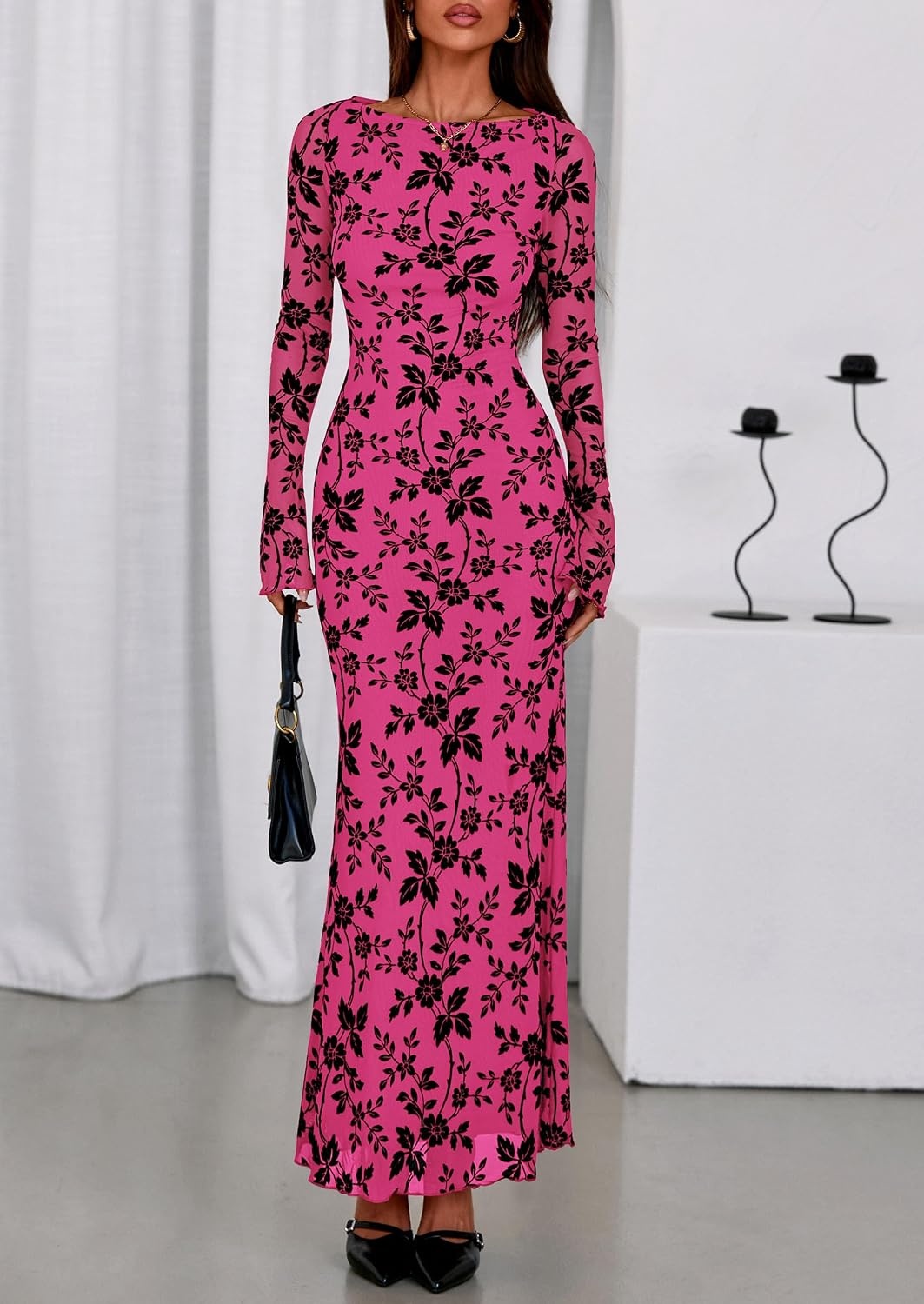 image:imagePRETTYGARDEN Womens Floral Bodycon Maxi Dress Wedding Guest DressesHot Pink