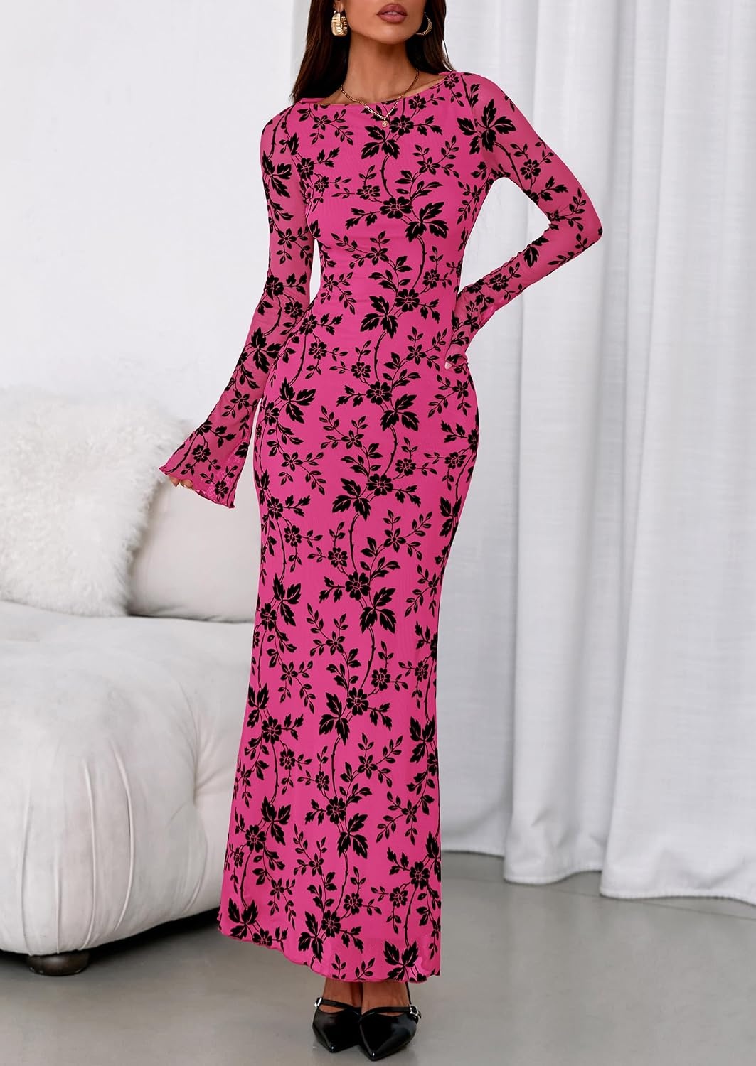 image:imagePRETTYGARDEN Womens Floral Bodycon Maxi Dress Wedding Guest DressesHot Pink