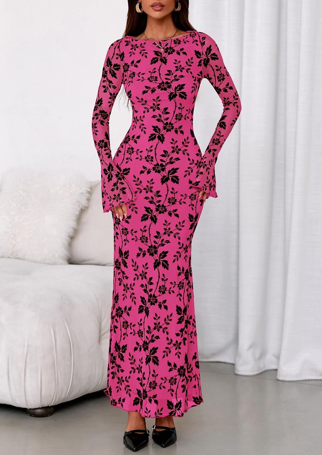 image:imagePRETTYGARDEN Womens Floral Bodycon Maxi Dress Wedding Guest DressesHot Pink