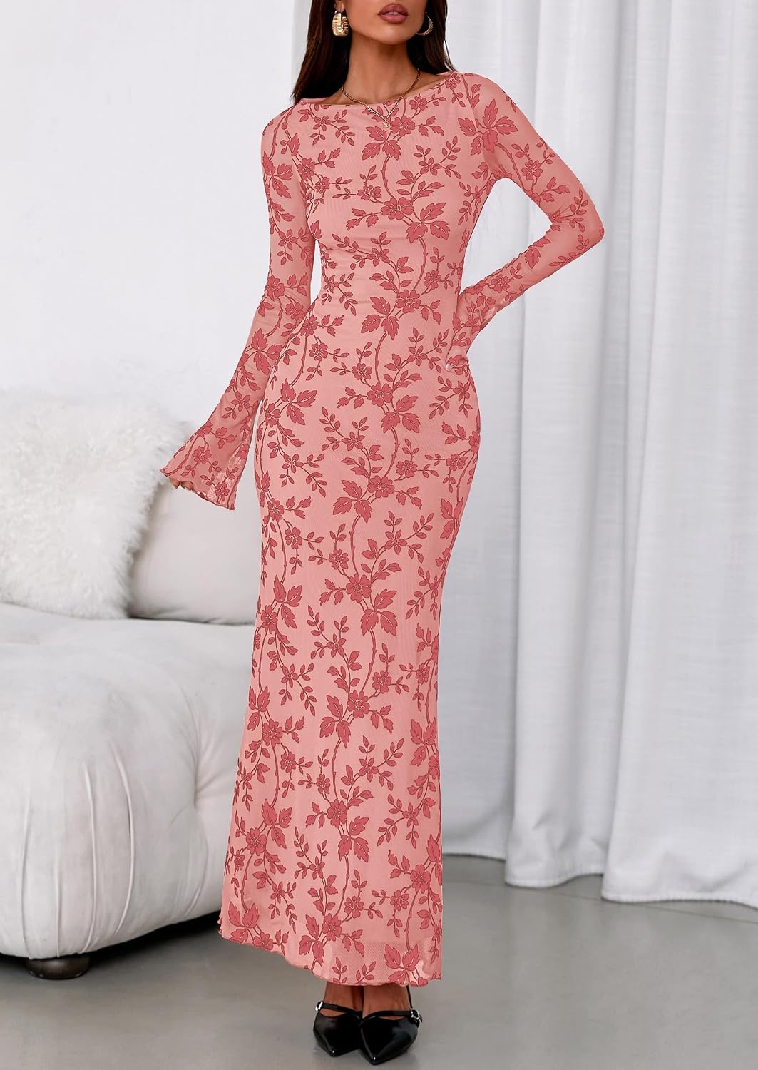 image:imagePRETTYGARDEN Womens Floral Bodycon Maxi Dress Wedding Guest DressesPink