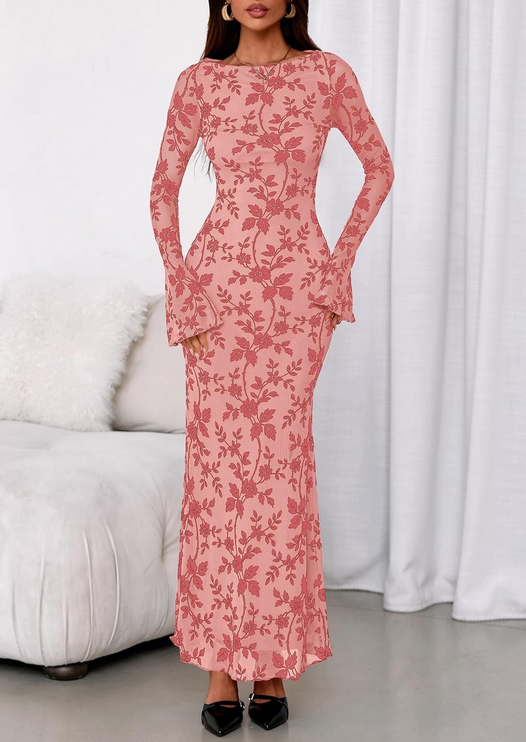 image:imagePRETTYGARDEN Womens Floral Bodycon Maxi Dress Wedding Guest DressesPink