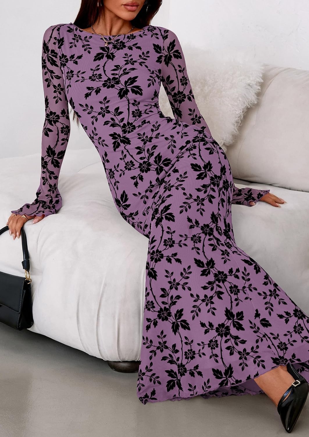 image:imagePRETTYGARDEN Womens Floral Bodycon Maxi Dress Wedding Guest DressesPurple