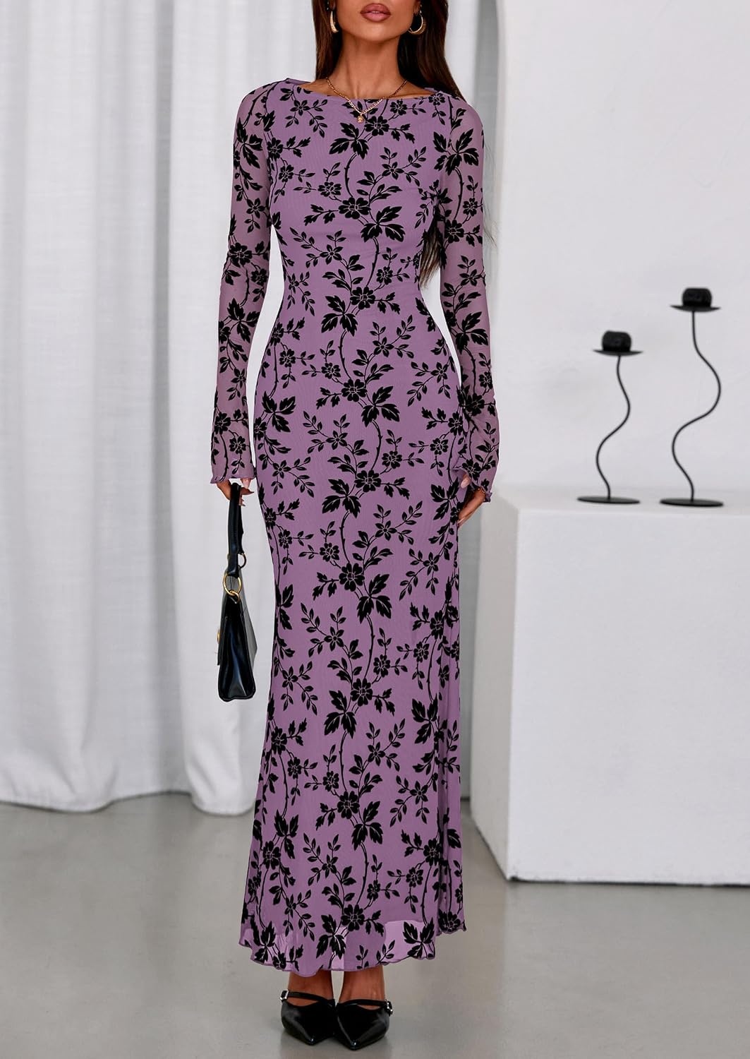 image:imagePRETTYGARDEN Womens Floral Bodycon Maxi Dress Wedding Guest DressesPurple