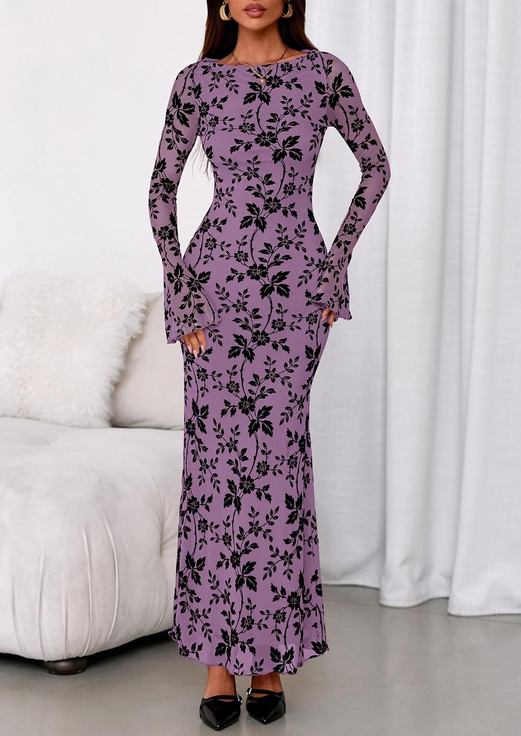 image:imagePRETTYGARDEN Womens Floral Bodycon Maxi Dress Wedding Guest DressesPurple