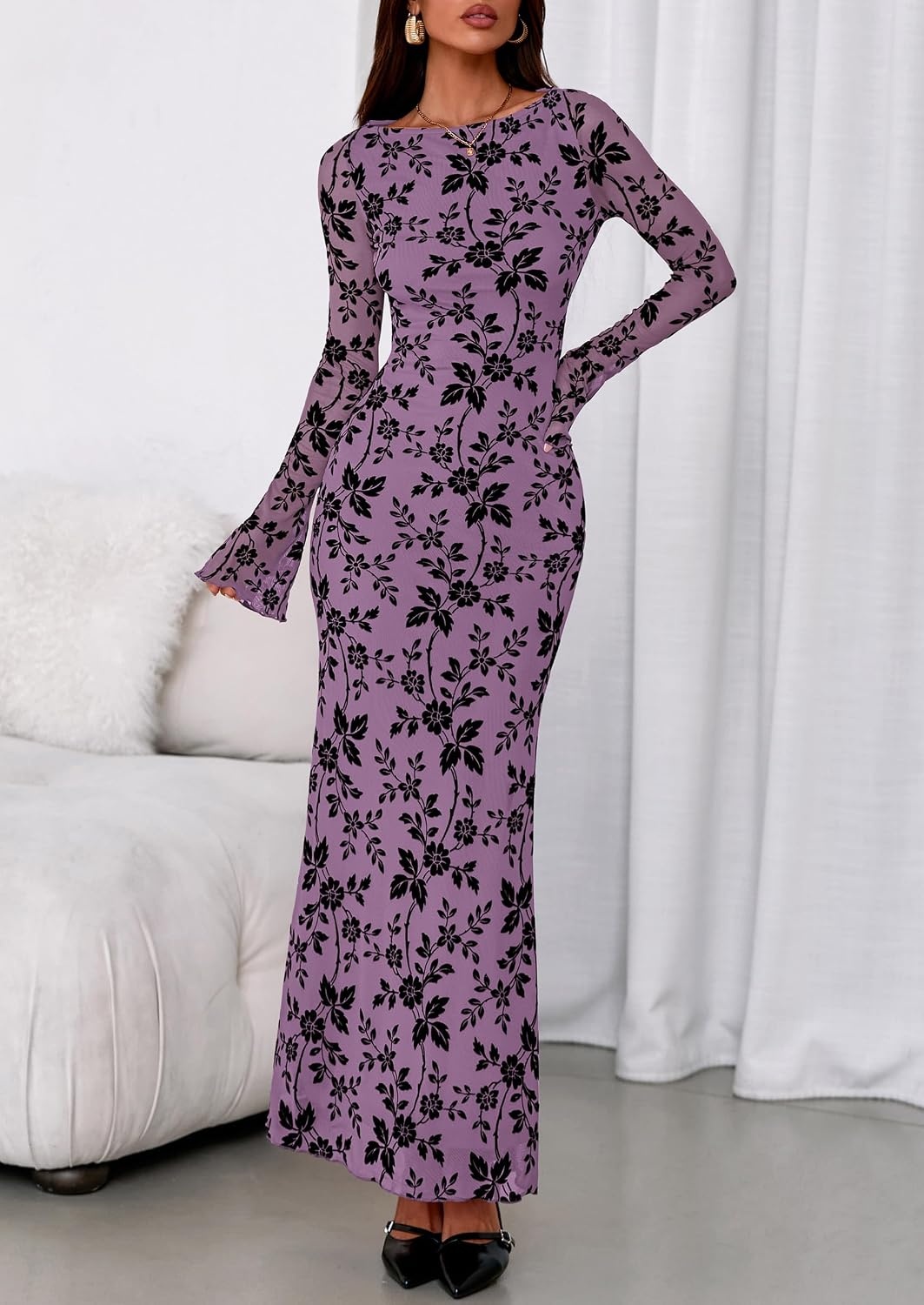image:imagePRETTYGARDEN Womens Floral Bodycon Maxi Dress Wedding Guest DressesPurple