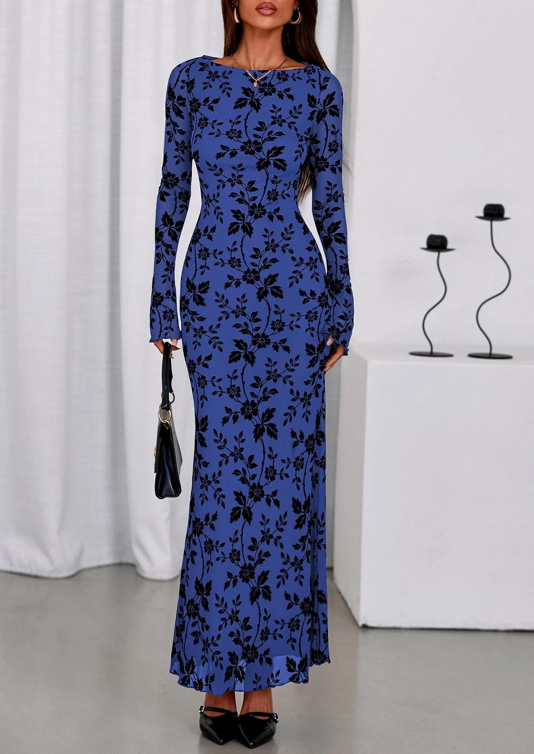 image:imagePRETTYGARDEN Womens Floral Bodycon Maxi Dress Wedding Guest DressesRoyal Blue