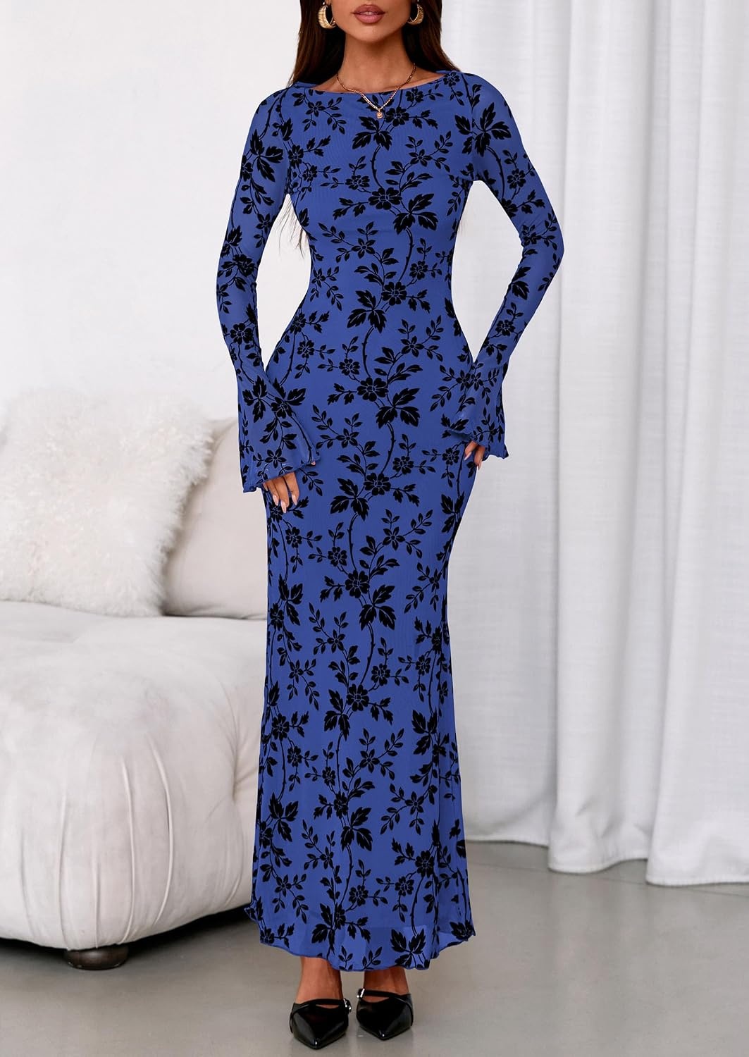 image:imagePRETTYGARDEN Womens Floral Bodycon Maxi Dress Wedding Guest DressesRoyal Blue