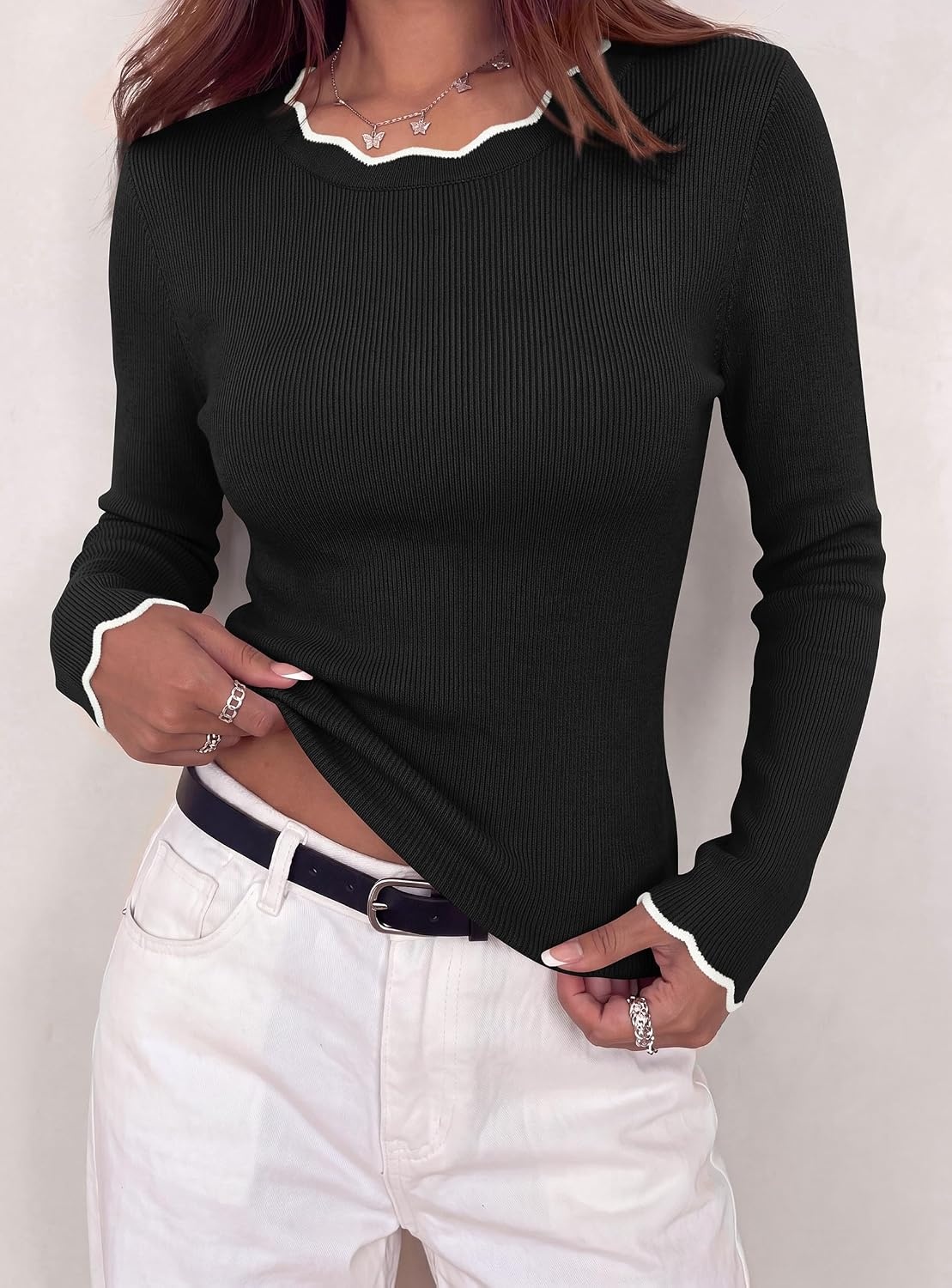image:imagePRETTYGARDEN Womens Long Sleeve Ribbed Knit Pullover SweatersBlack