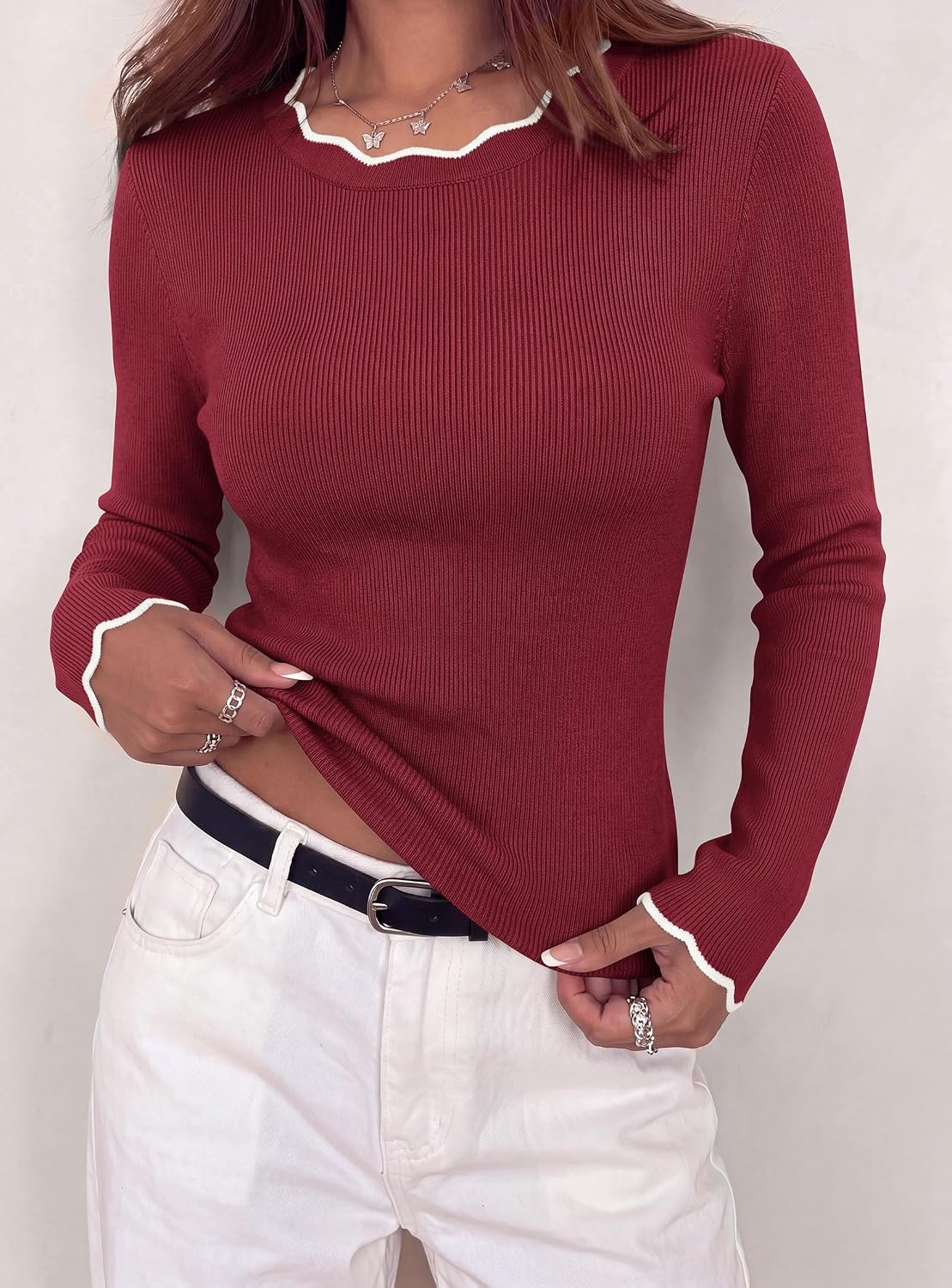 image:imagePRETTYGARDEN Womens Long Sleeve Ribbed Knit Pullover SweatersBurgundy