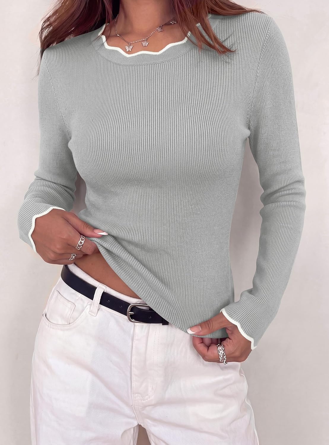 image:imagePRETTYGARDEN Womens Long Sleeve Ribbed Knit Pullover SweatersGrey