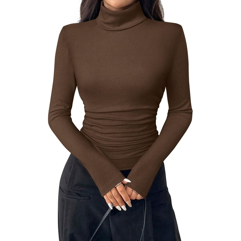 image:imagePRETTYGARDEN Turtleneck Tops for Women Long Sleeve ShirtsBrown