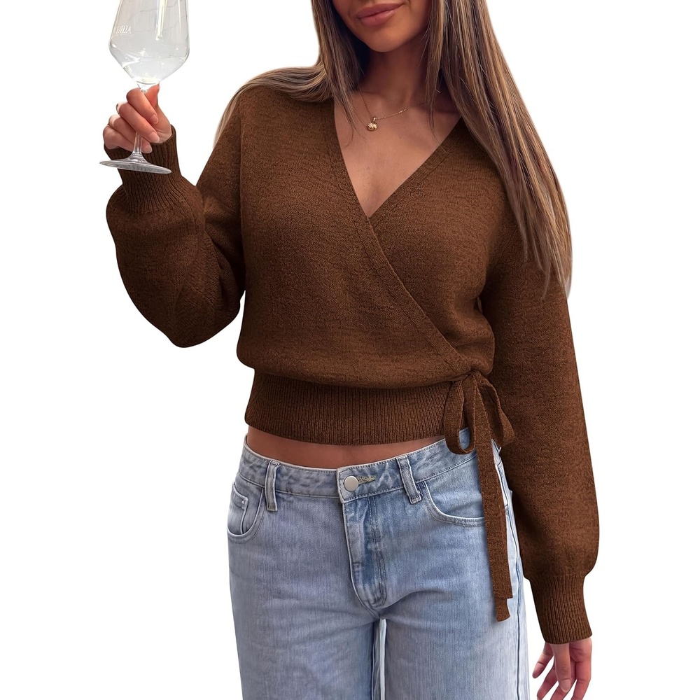 image:imagePRETTYGARDEN V Neck Wrap Sweaters for Women Fall Outifts PulloverBrown