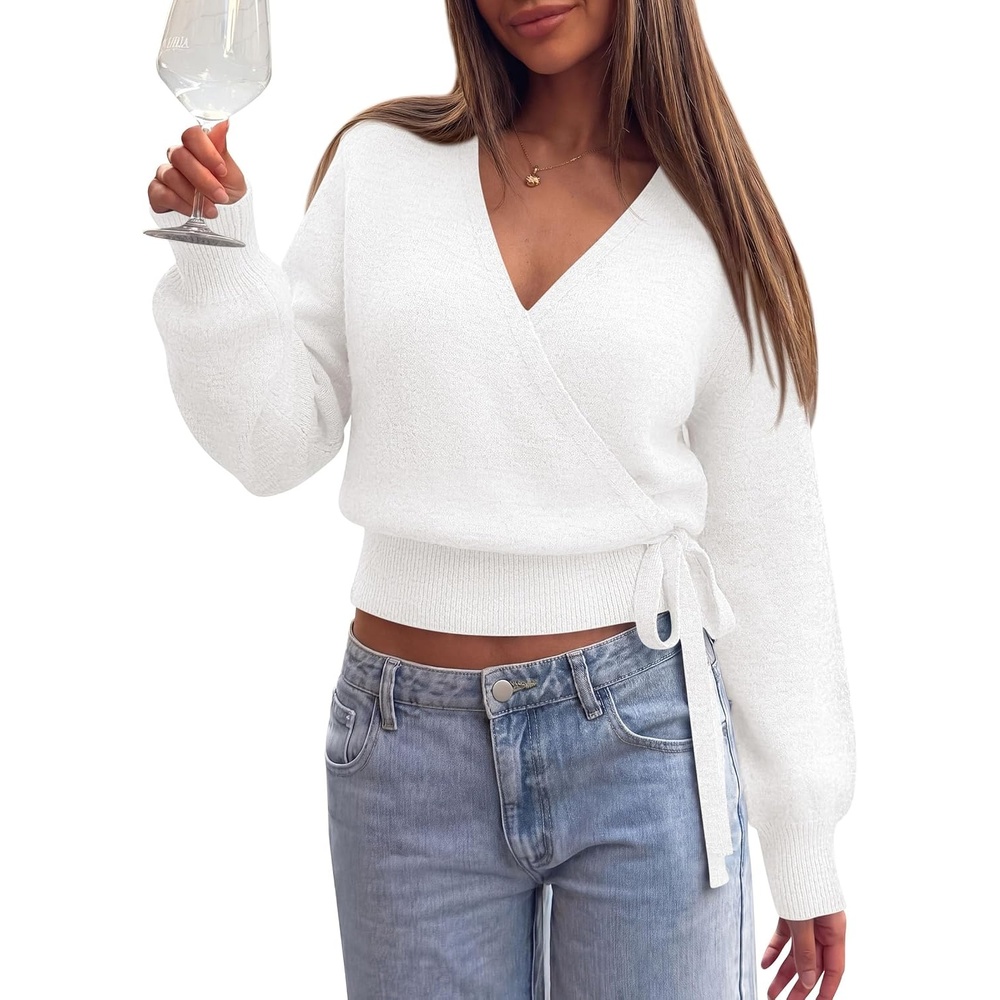 image:imagePRETTYGARDEN V Neck Wrap Sweaters for Women Fall Outifts PulloverWhite