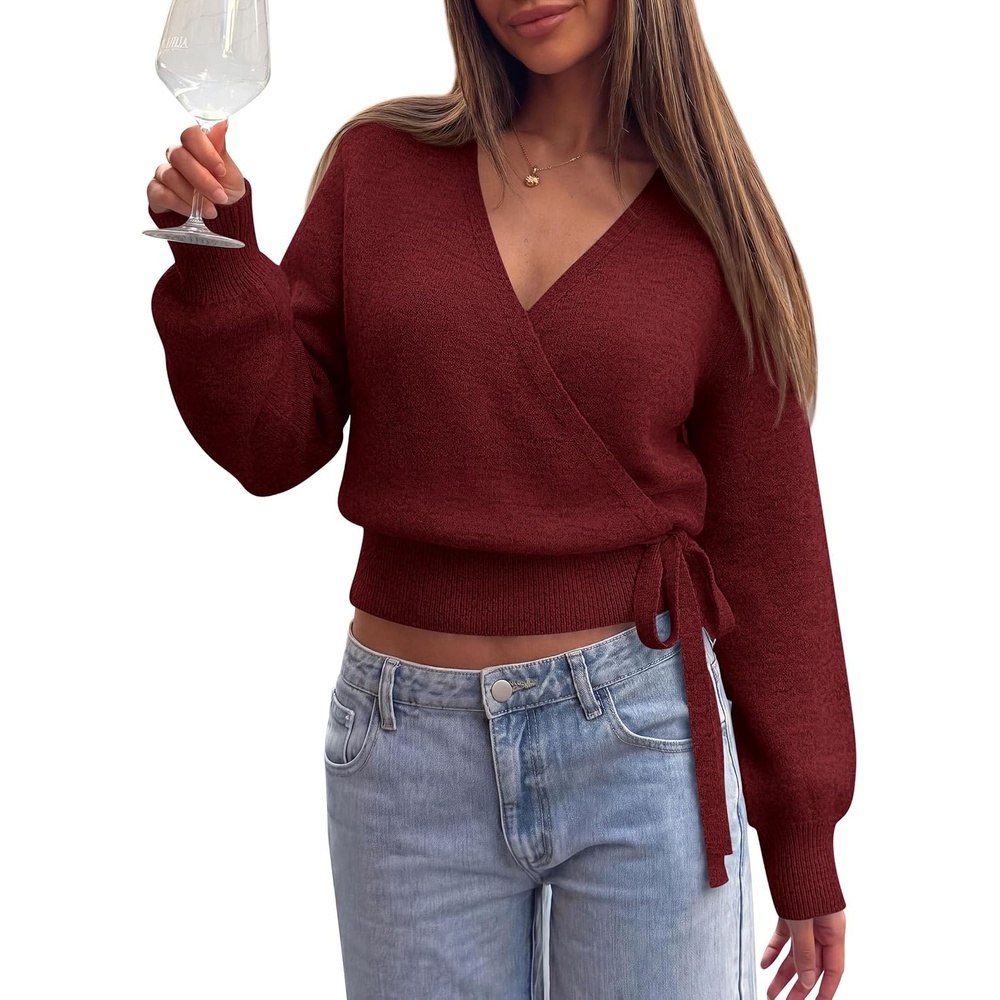 image:imagePRETTYGARDEN V Neck Wrap Sweaters for Women Fall Outifts PulloverWine Red