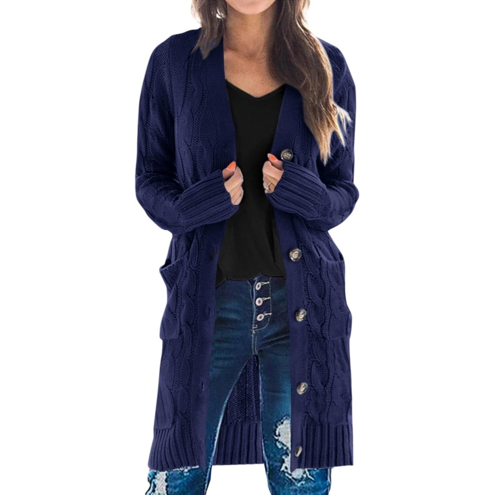 image:imagePRETTYGARDEN Womens Cable Knit Button Long Cardigan SweatersDark Blue