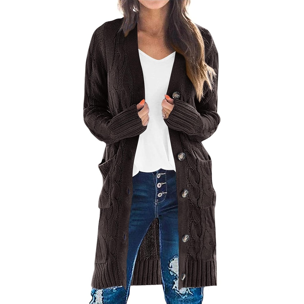 image:imagePRETTYGARDEN Womens Cable Knit Button Long Cardigan SweatersDark Grey