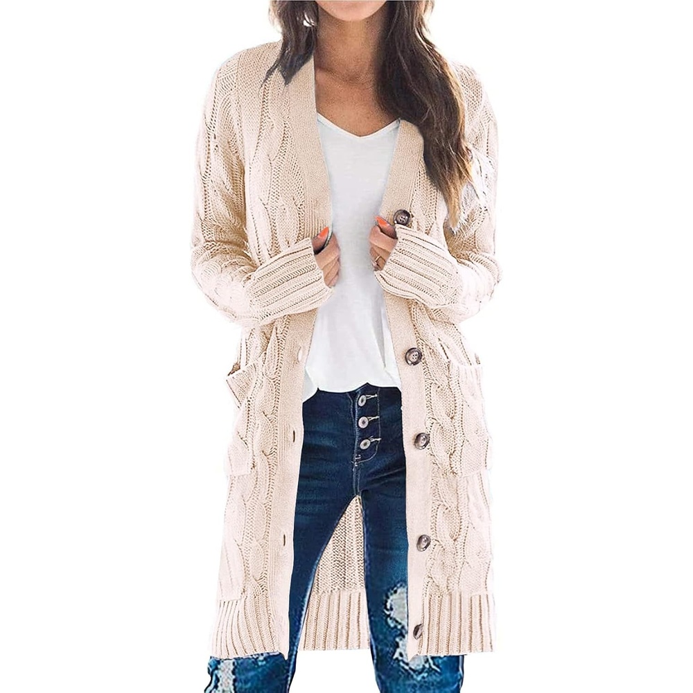 image:imagePRETTYGARDEN Womens Cable Knit Button Long Cardigan SweatersOffwhite