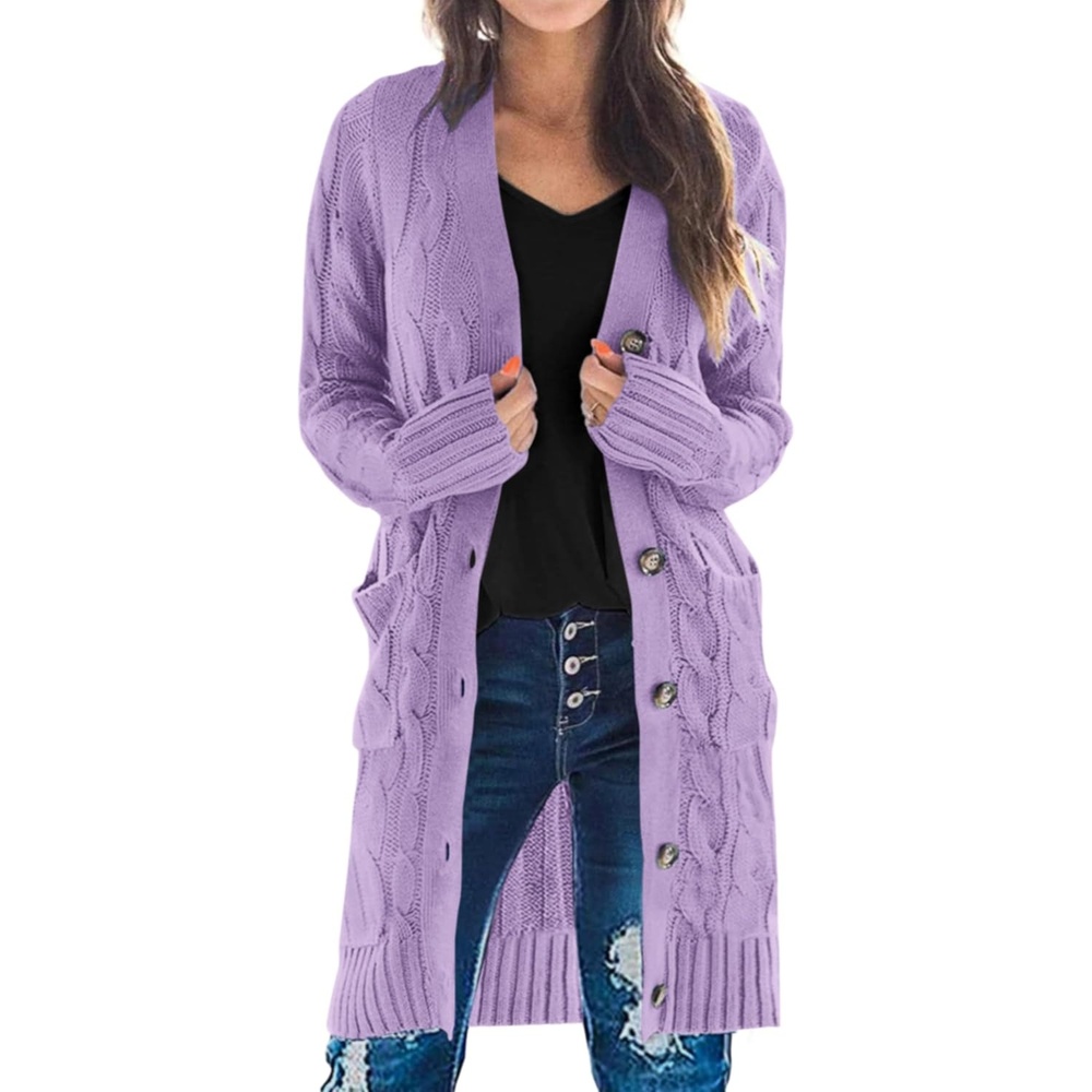 image:imagePRETTYGARDEN Womens Cable Knit Button Long Cardigan SweatersPurple
