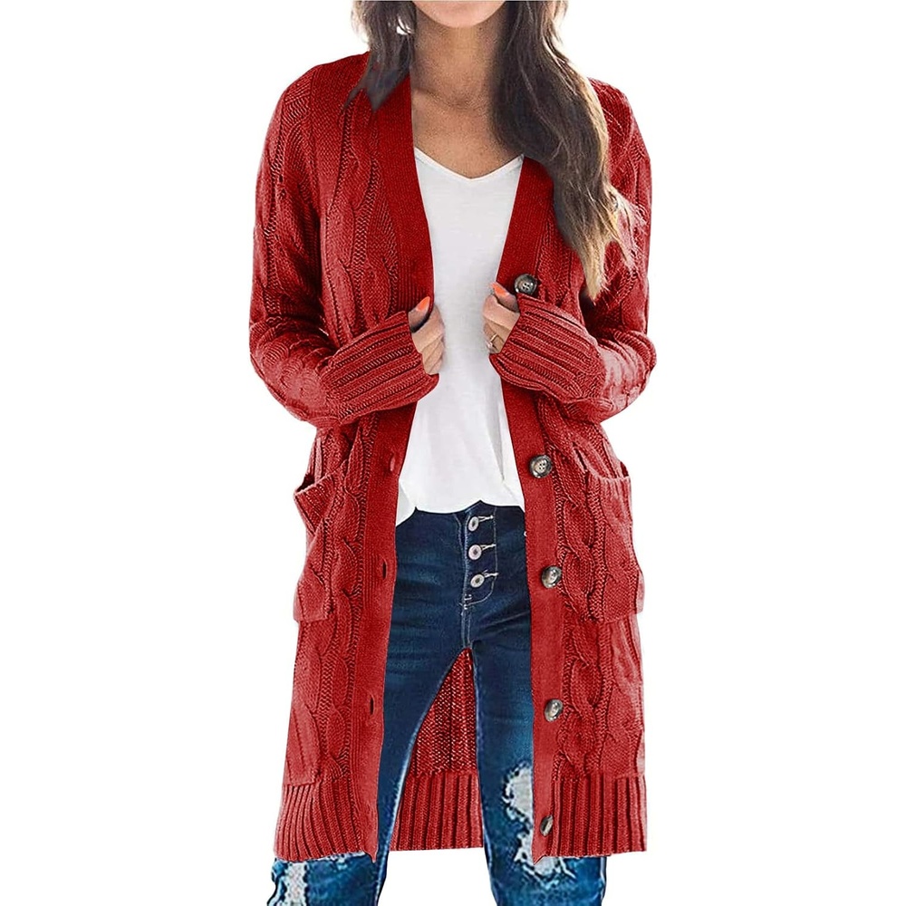 image:imagePRETTYGARDEN Womens Cable Knit Button Long Cardigan SweatersRust Red