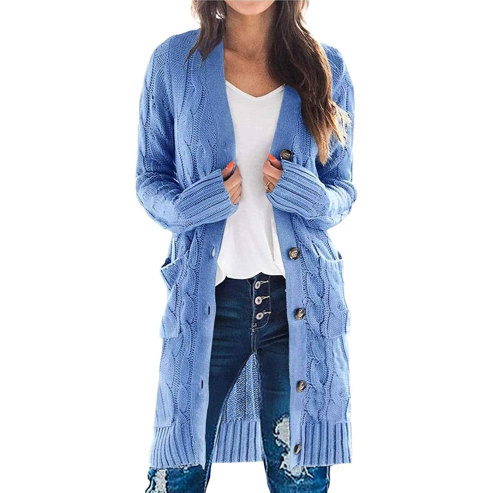 image:imagePRETTYGARDEN Womens Cable Knit Button Long Cardigan SweatersSky Blue