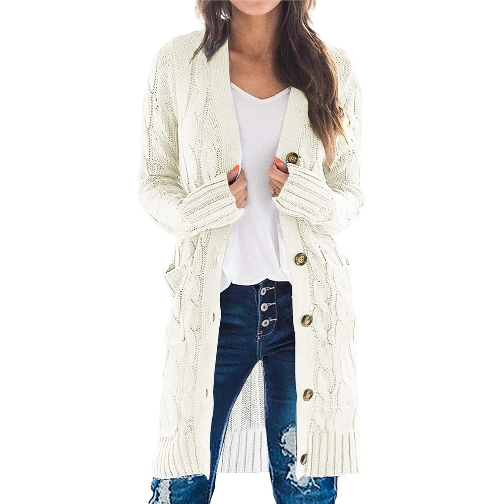 image:imagePRETTYGARDEN Womens Cable Knit Button Long Cardigan SweatersWhite
