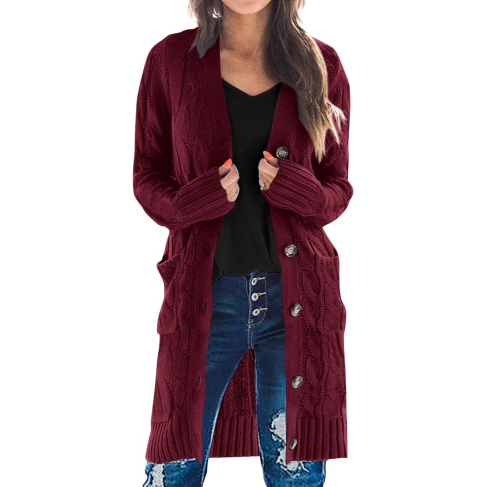 image:imagePRETTYGARDEN Womens Cable Knit Button Long Cardigan SweatersWine Red