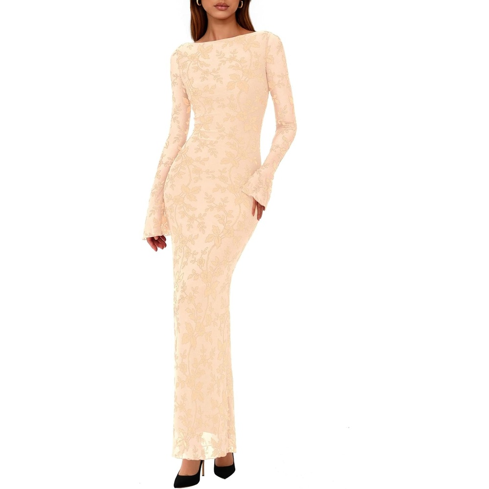 image:imagePRETTYGARDEN Womens Floral Bodycon Maxi Dress Wedding Guest DressesApricot