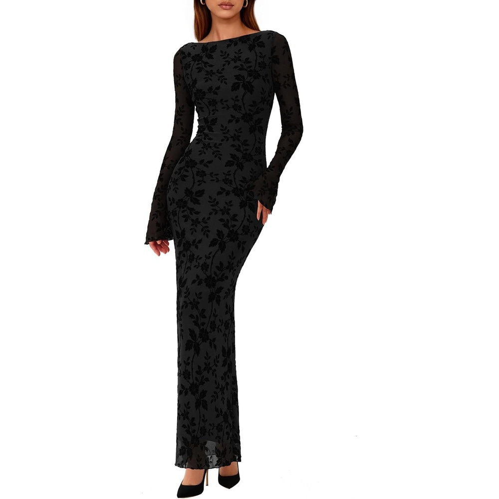 image:imagePRETTYGARDEN Womens Floral Bodycon Maxi Dress Wedding Guest DressesBlack