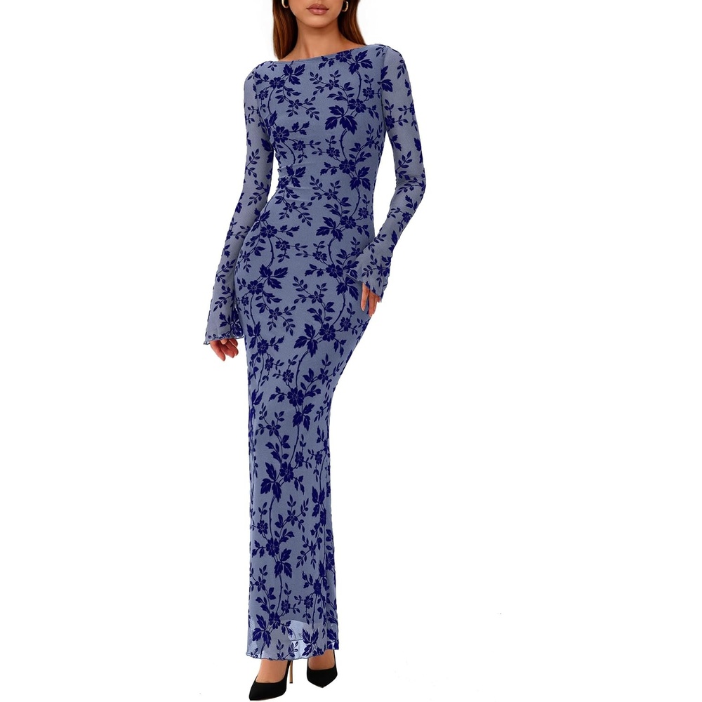 image:imagePRETTYGARDEN Womens Floral Bodycon Maxi Dress Wedding Guest DressesDusty Blue