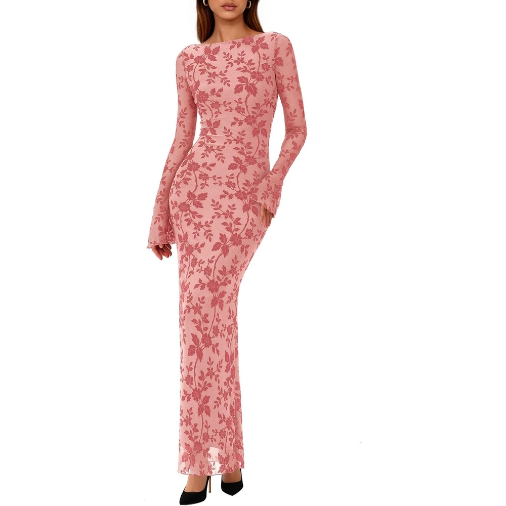 image:imagePRETTYGARDEN Womens Floral Bodycon Maxi Dress Wedding Guest DressesPink