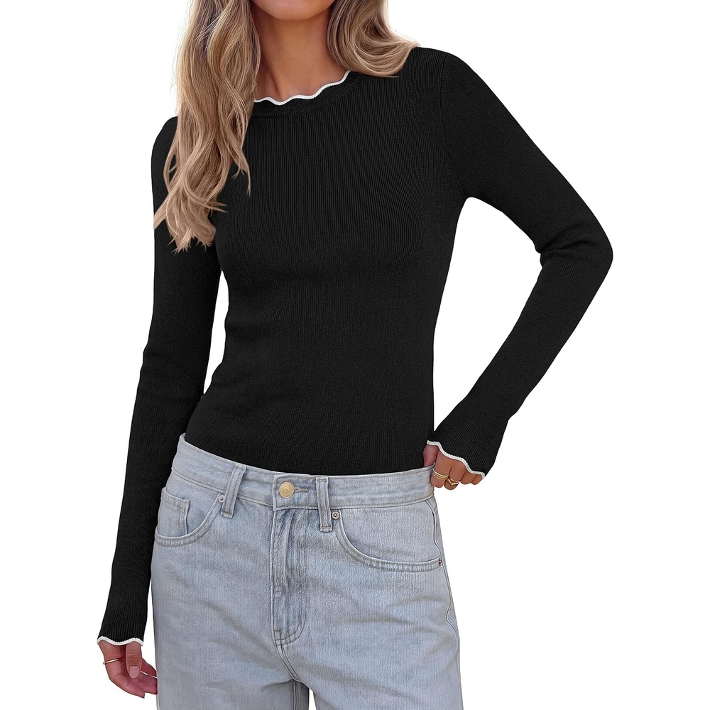 image:imagePRETTYGARDEN Womens Long Sleeve Ribbed Knit Pullover SweatersBlack