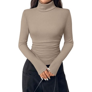 PRETTYGARDEN Turtleneck Tops for Women Long Sleeve Shirts(Khaki)
