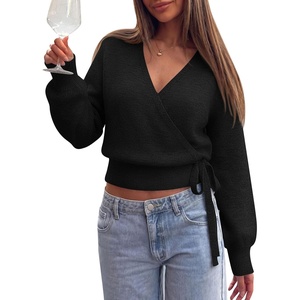 PRETTYGARDEN V Neck Wrap Sweaters for Women Fall Outifts Pullover(Black)
