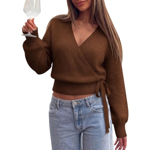 PRETTYGARDEN V Neck Wrap Sweaters for Women Fall Outifts Pullover(Brown)