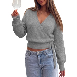 PRETTYGARDEN V Neck Wrap Sweaters for Women Fall Outifts Pullover(Grey)