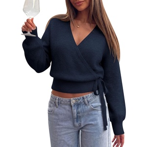 PRETTYGARDEN V Neck Wrap Sweaters for Women Fall Outifts Pullover(Navy Blue)