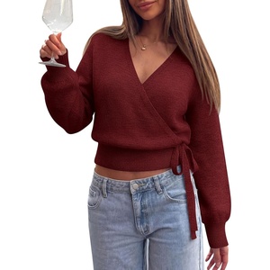 PRETTYGARDEN V Neck Wrap Sweaters for Women Fall Outifts Pullover(Wine Red)
