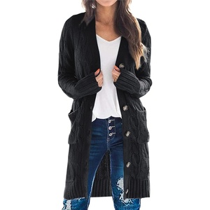 PRETTYGARDEN Womens Cable Knit Button Long Cardigan Sweaters(Black)