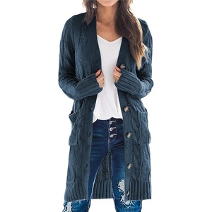PRETTYGARDEN Womens Cable Knit Button Long Cardigan Sweaters(Blue)