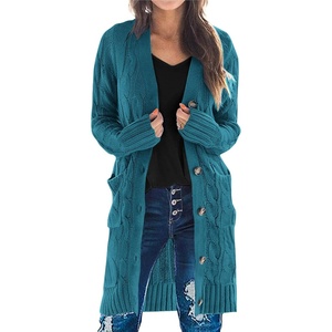 PRETTYGARDEN Womens Cable Knit Button Long Cardigan Sweaters(Cyan)
