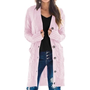 PRETTYGARDEN Womens Cable Knit Button Long Cardigan Sweaters(Pink)