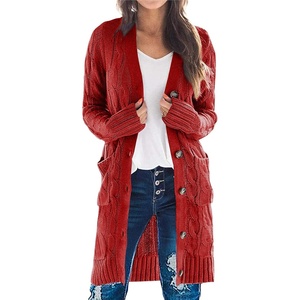 PRETTYGARDEN Womens Cable Knit Button Long Cardigan Sweaters(Rust Red)