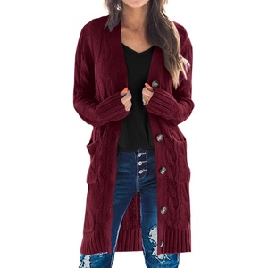 PRETTYGARDEN Womens Cable Knit Button Long Cardigan Sweaters(Wine Red)