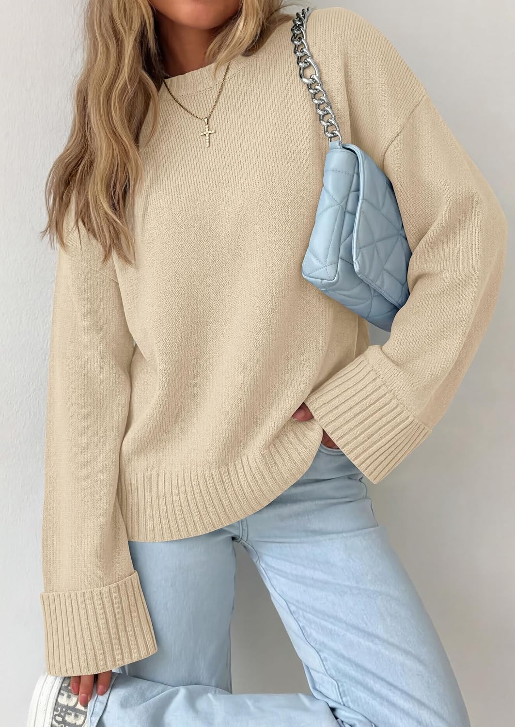 image:imagePRETTYGARDEN Oversized Sweater Womens Crewneck Long Sleeve TopsBeige