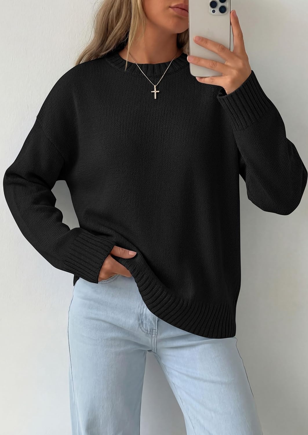 image:imagePRETTYGARDEN Oversized Sweater Womens Crewneck Long Sleeve TopsBlack