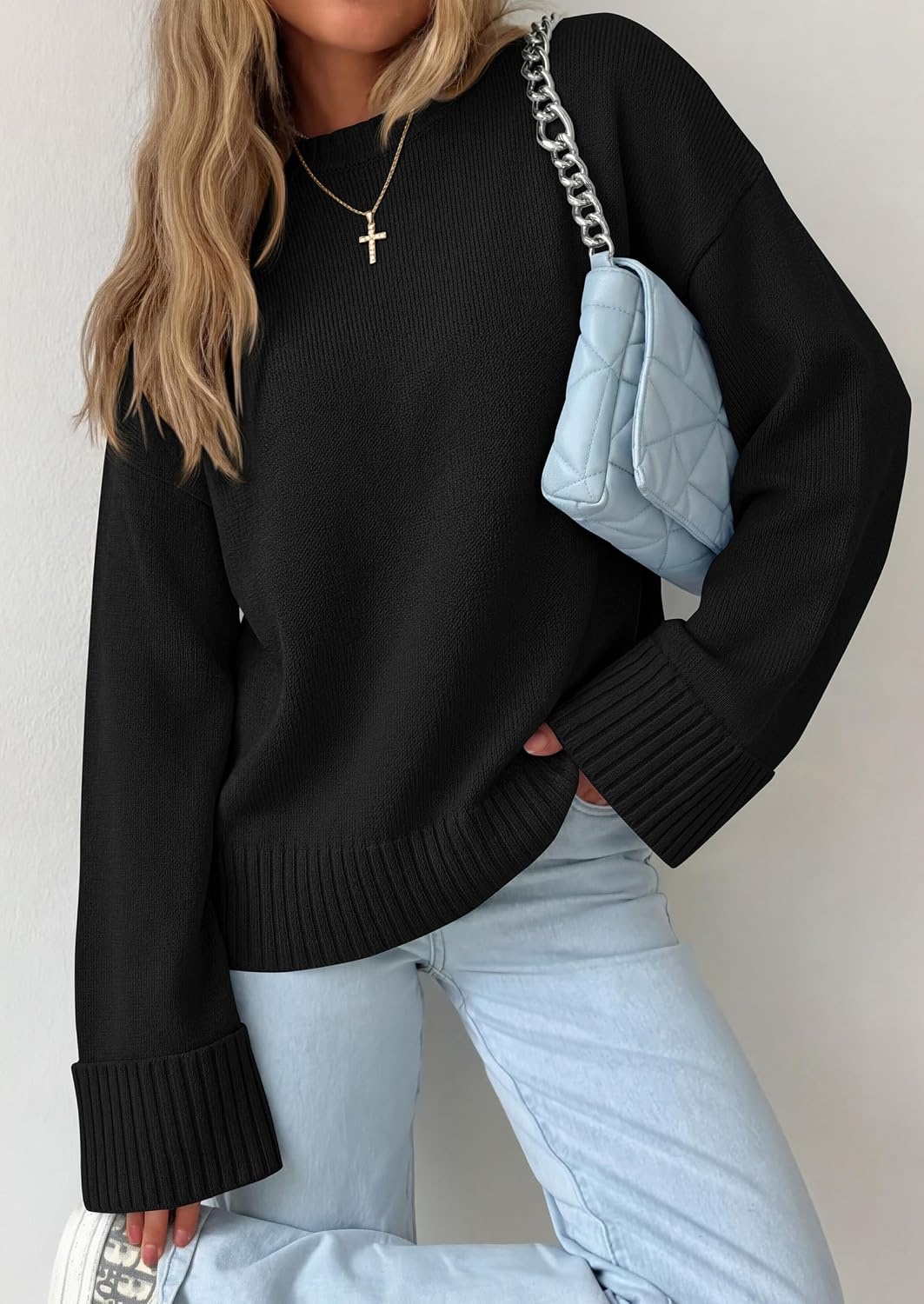 image:imagePRETTYGARDEN Oversized Sweater Womens Crewneck Long Sleeve TopsBlack