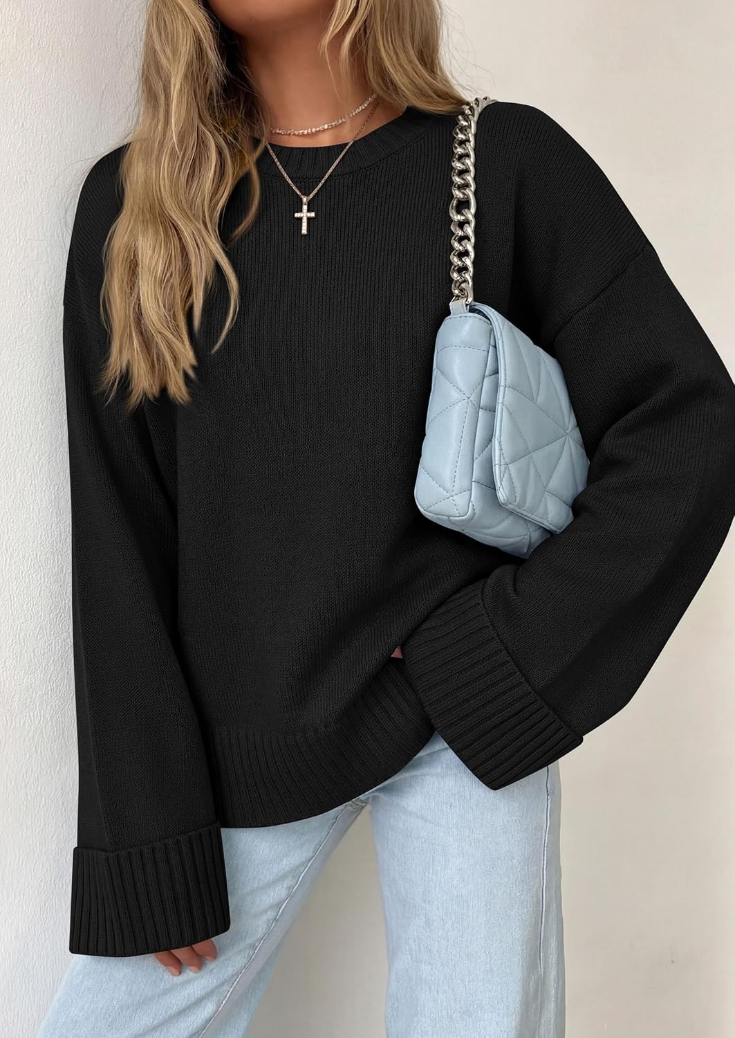 image:imagePRETTYGARDEN Oversized Sweater Womens Crewneck Long Sleeve TopsBlack