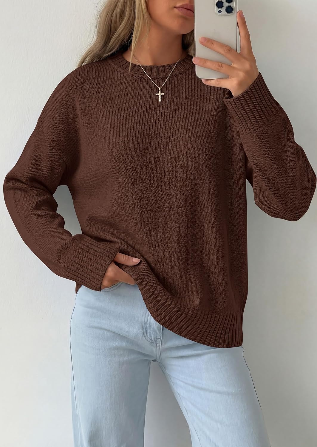image:imagePRETTYGARDEN Oversized Sweater Womens Crewneck Long Sleeve TopsBrown