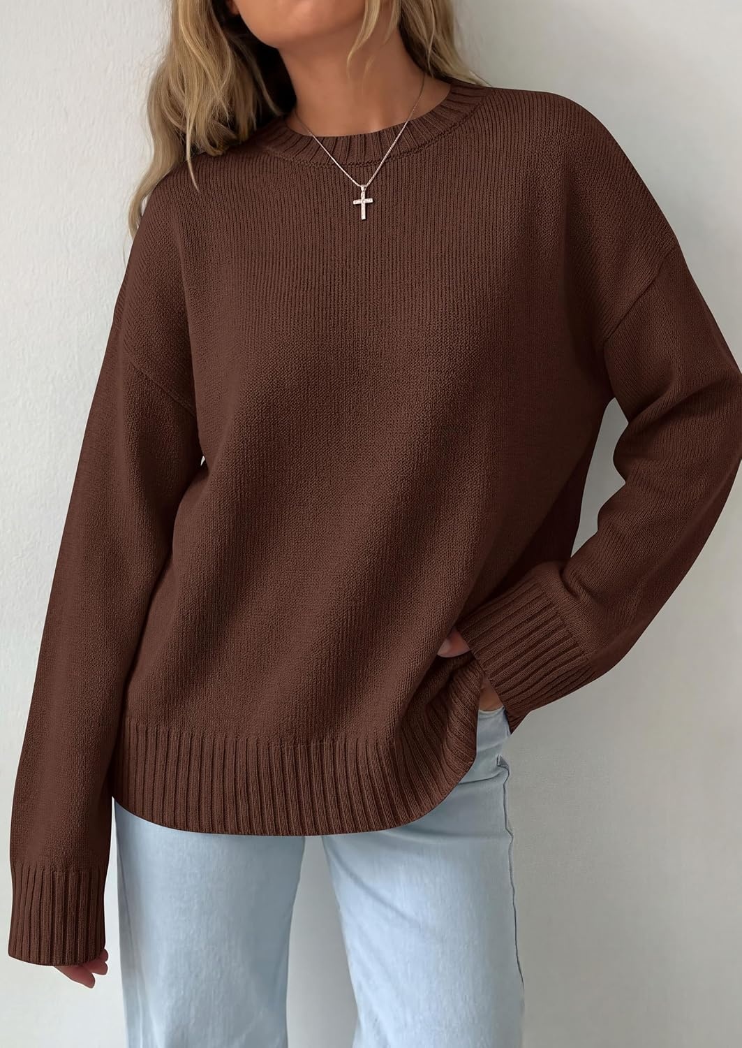 image:imagePRETTYGARDEN Oversized Sweater Womens Crewneck Long Sleeve TopsBrown