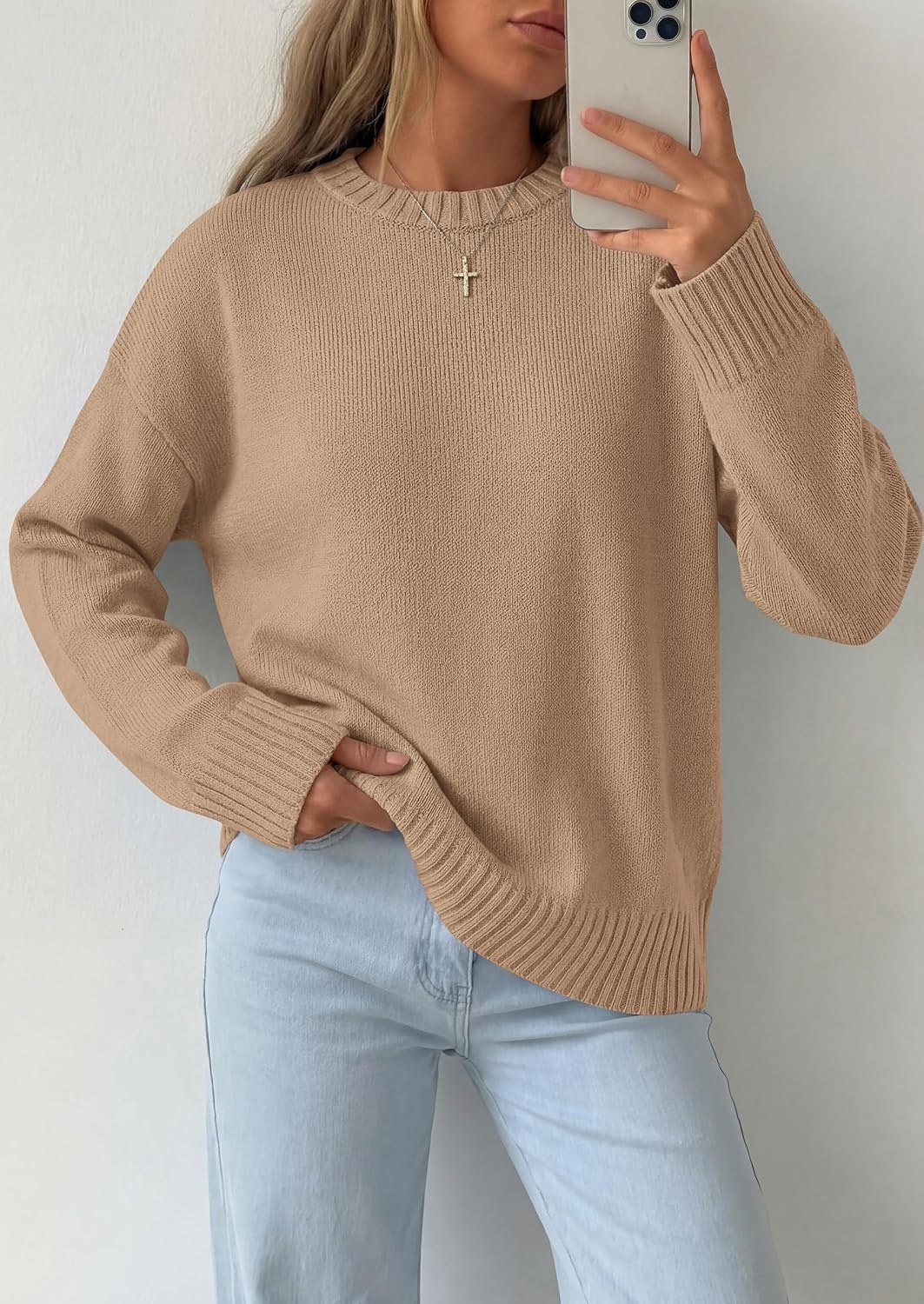 image:imagePRETTYGARDEN Oversized Sweater Womens Crewneck Long Sleeve TopsKhaki